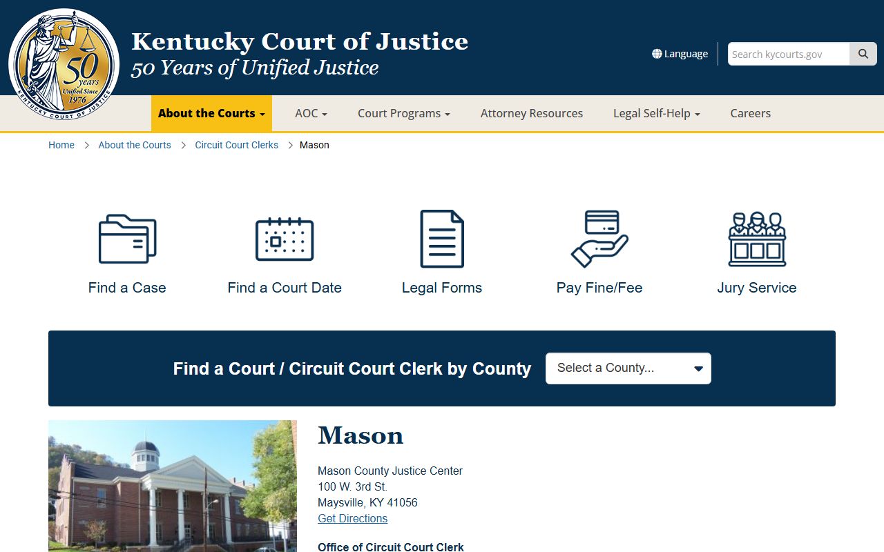 Mason County court records page on Kentucky Court of Justice