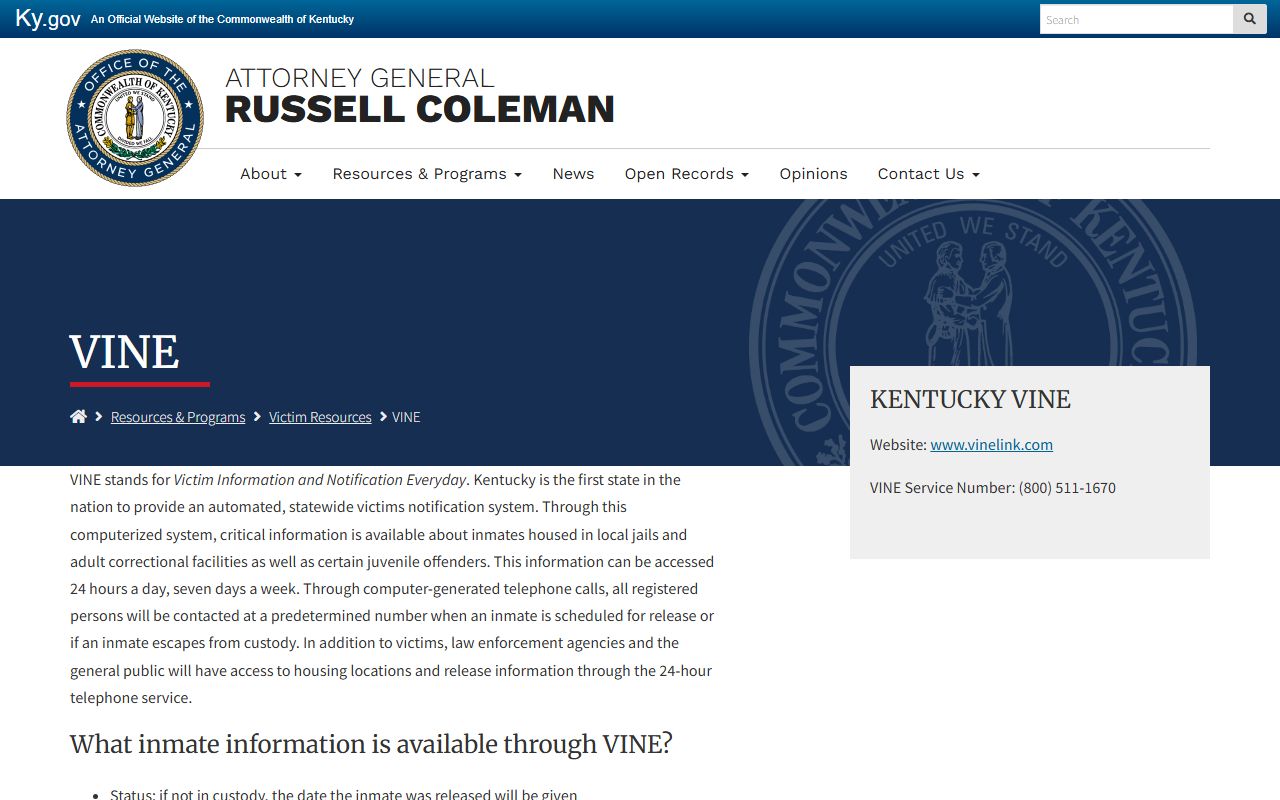 Mason County inmate records and Kentucky Attorney General VINE information