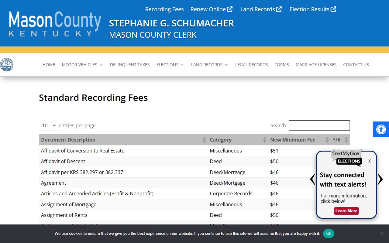 Mason County probate records recording fee schedule